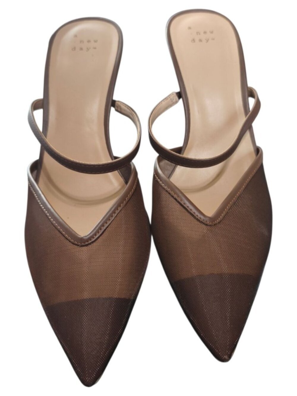 A New Day Pointed Toe Sheer Mesh Kitten heel mules Women Shoes Chocolate Size 11 - Picture 9 of 11